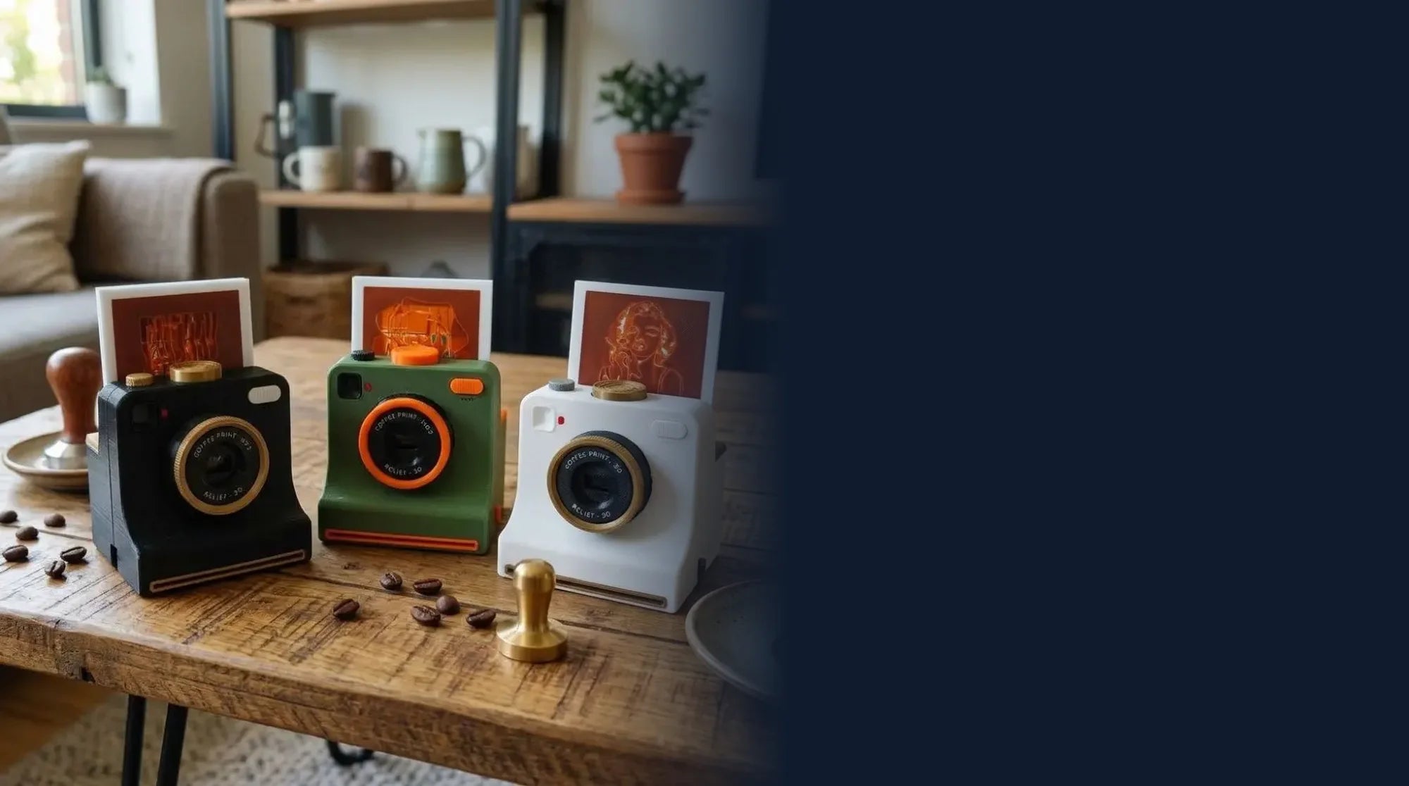 Three CremaCam latte art cameras in black, green and white on a coffee table