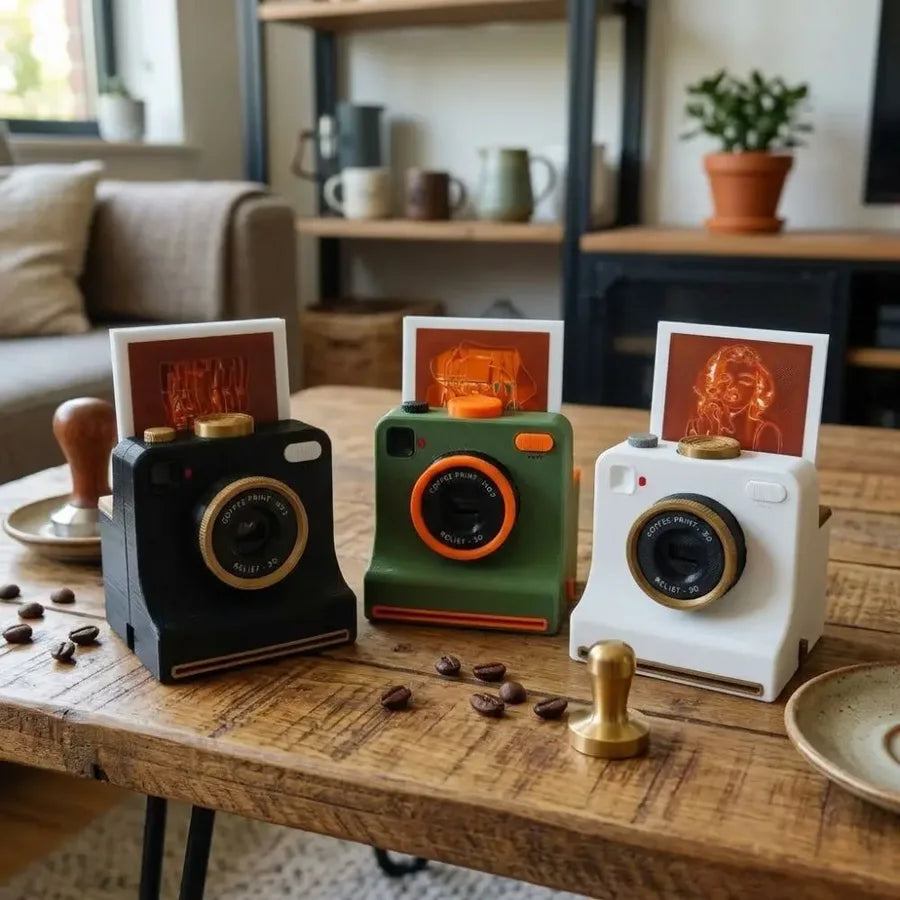 CremaCam cameras in black, green and white on a wooden coffee table